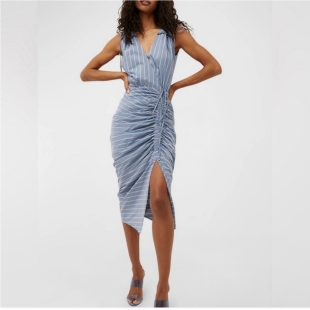 Veronica Beard Dress Teagan Midi Ruched in Striped Blue Green